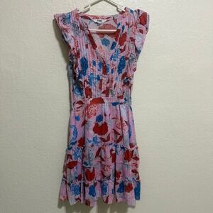 BB Dakota Steve Madden Pink Floral Pintuck Ruffle Mini Dress XS Polka Dot Tiered